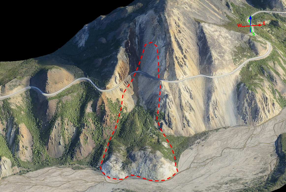 aerial view of a mountain with a road on its flank, a red line drawing attention to on particular area