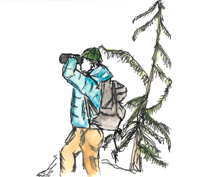 A person looking out using binoculars.