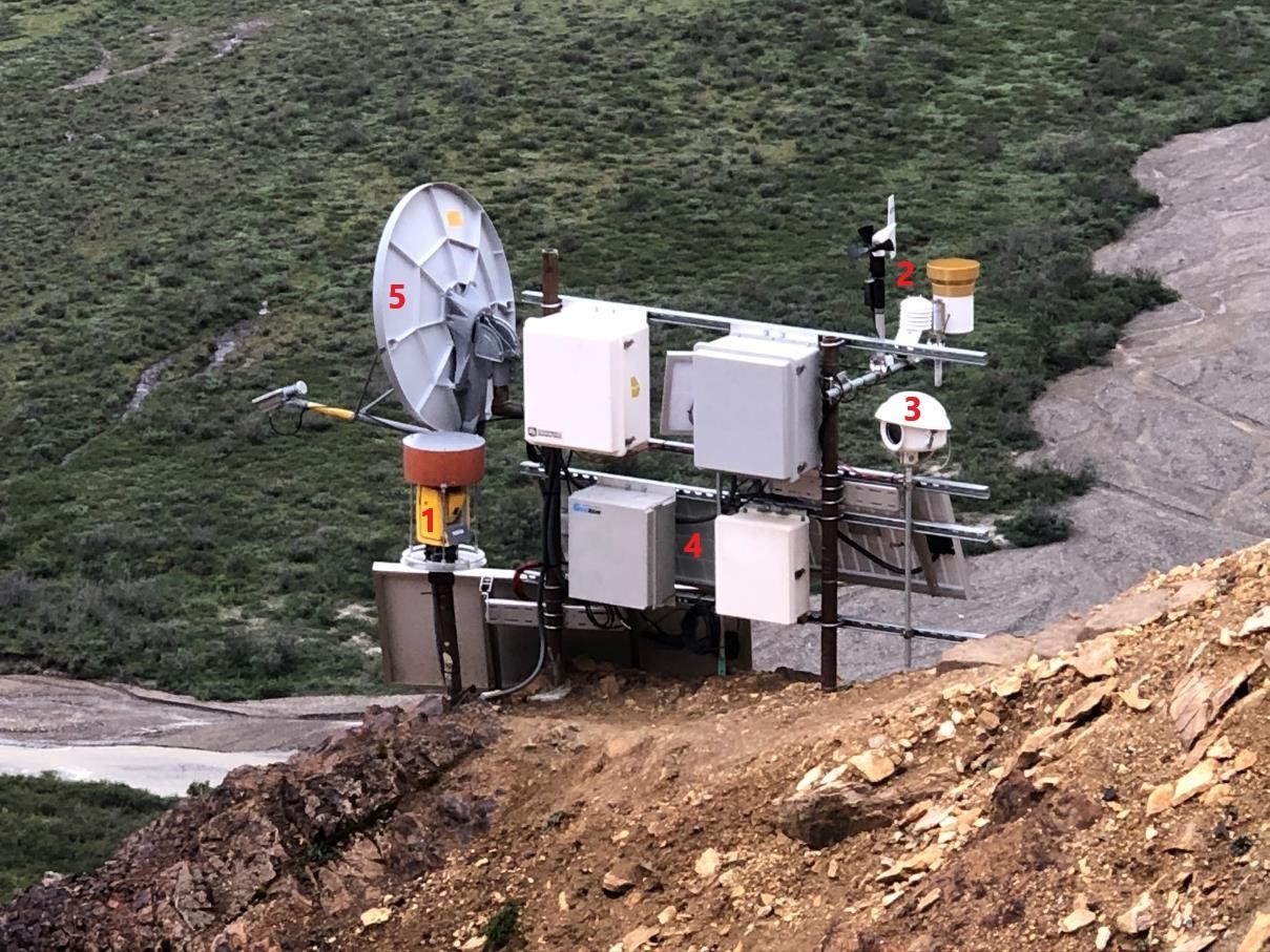 scientific equipment perched on a rocky outcropping over a river