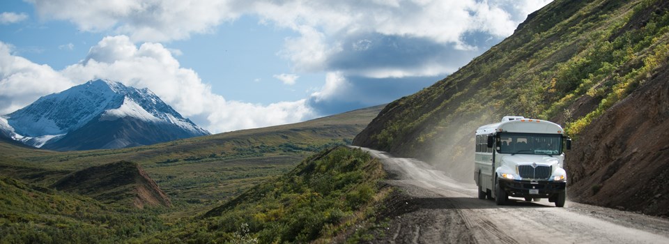 a park bus drives along a dirt road