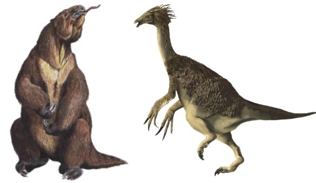 a drawn rendition of a ground sloth and a computer generated image of a therizinosaur running