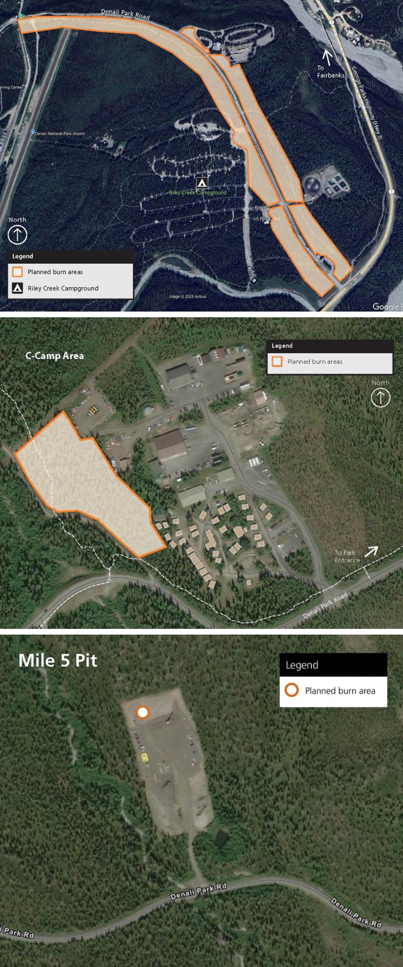 three maps arranged vertically showing burn areas in orange