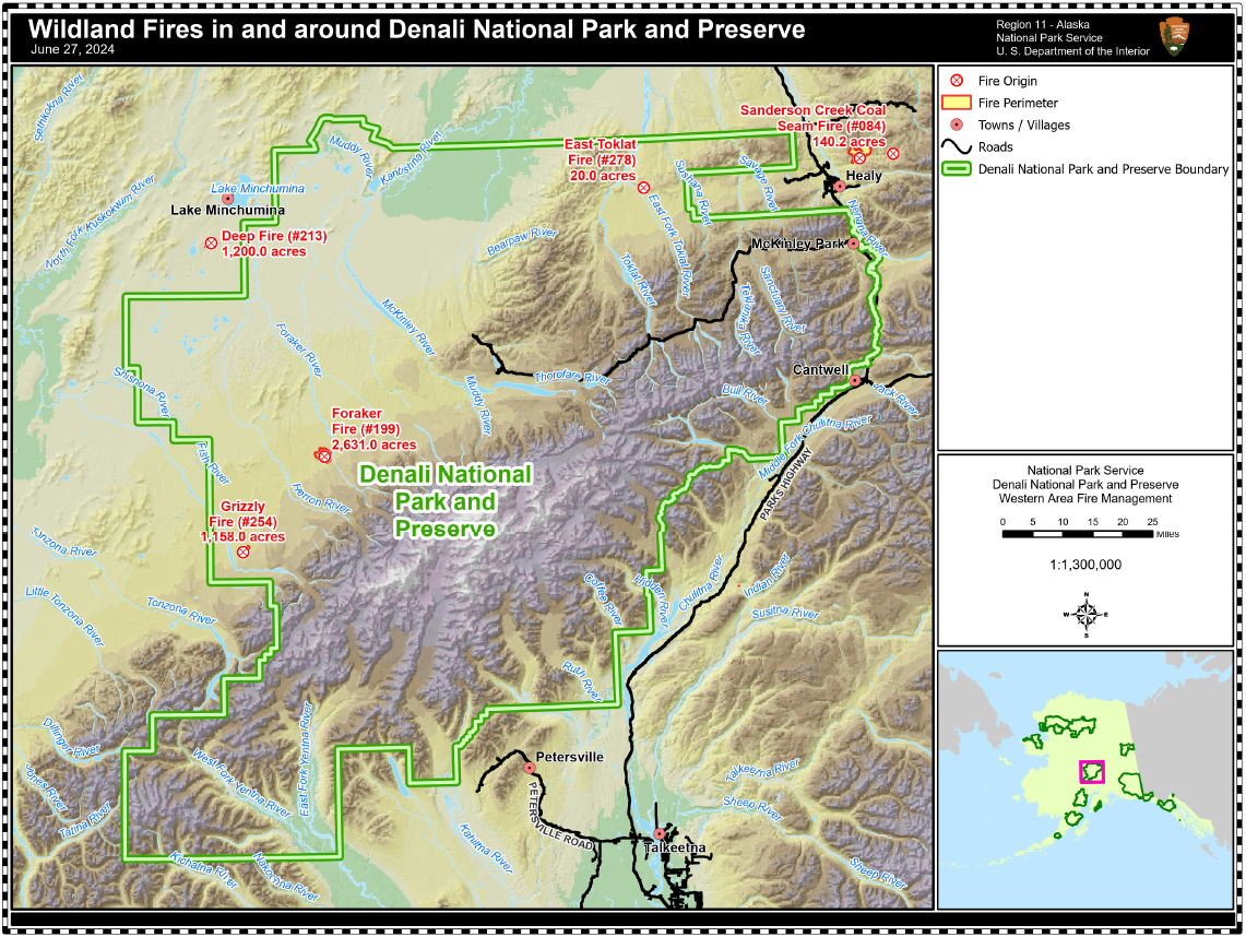 DENA Wildfires June 27 2024 A map of Denali National Park and Preserve with 5 fires listed all north of the Alaska Range.