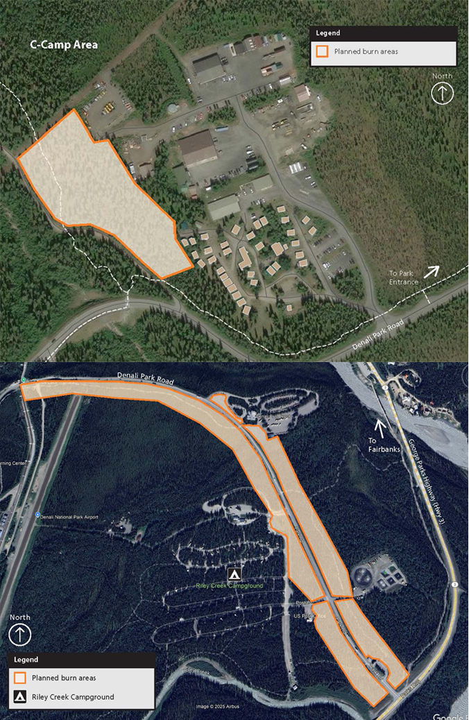 Map of the planned pile burning areas in the park 2 maps with areas where prescribed burns will take place highlighted in orange for Fall 2025