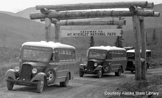 Buses on the park road, early 20th century