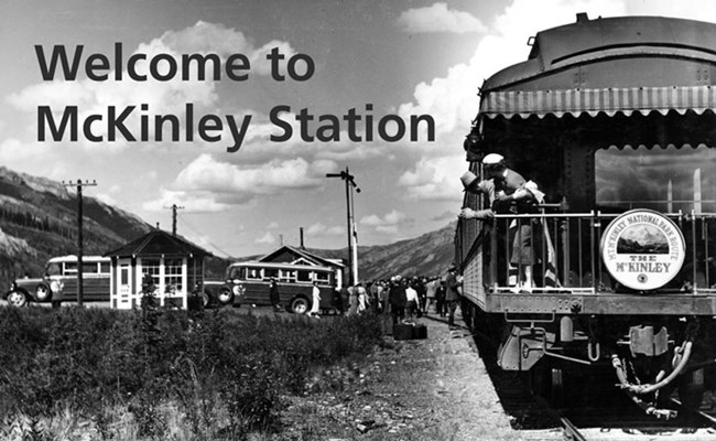A historic black and white photo of a train arriving at McKinley Station