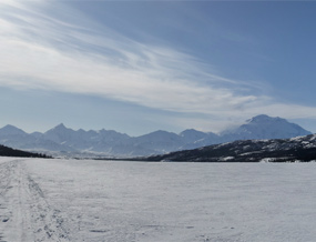 View of Mount McKinley from the middle of Wonder Lake, in winter