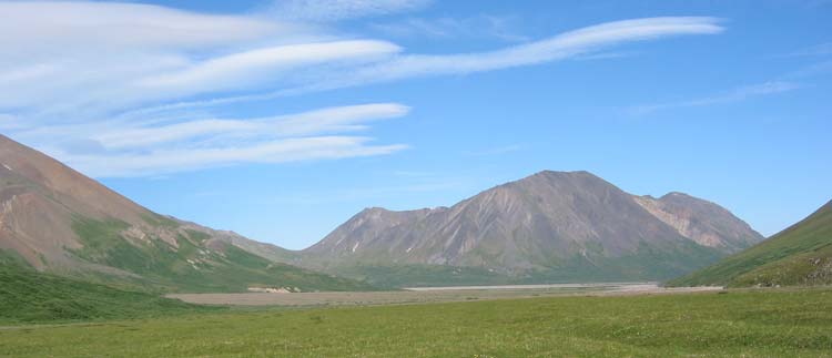 brushy plain in front of a wide gravel bar, narrow river, and rocky mountains