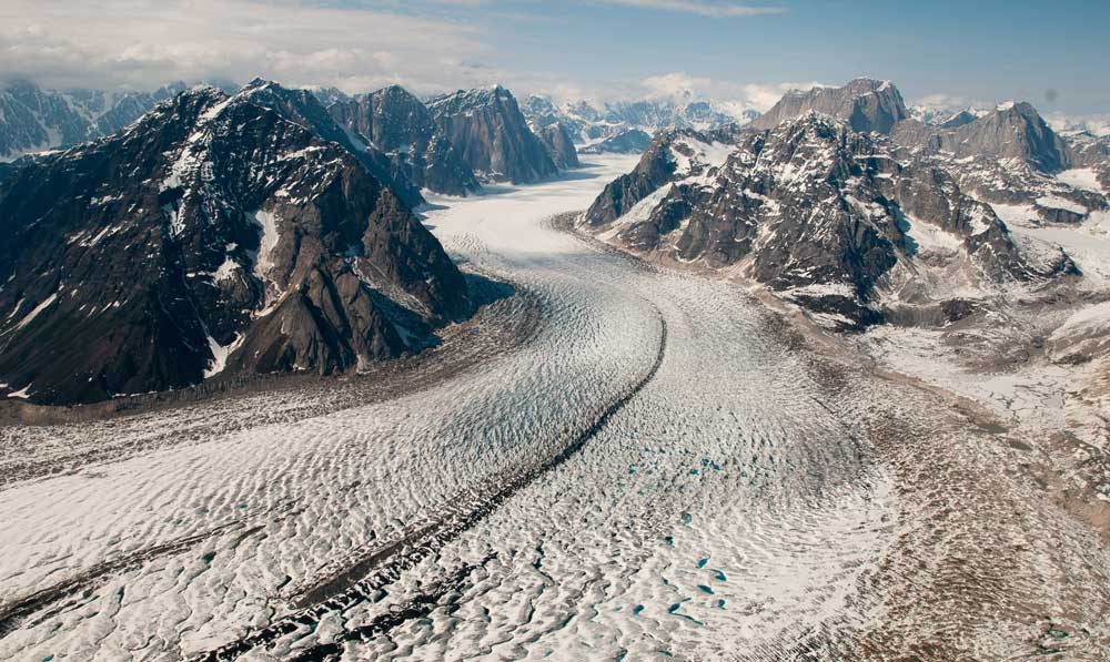 aerial view of mountains and glaciers