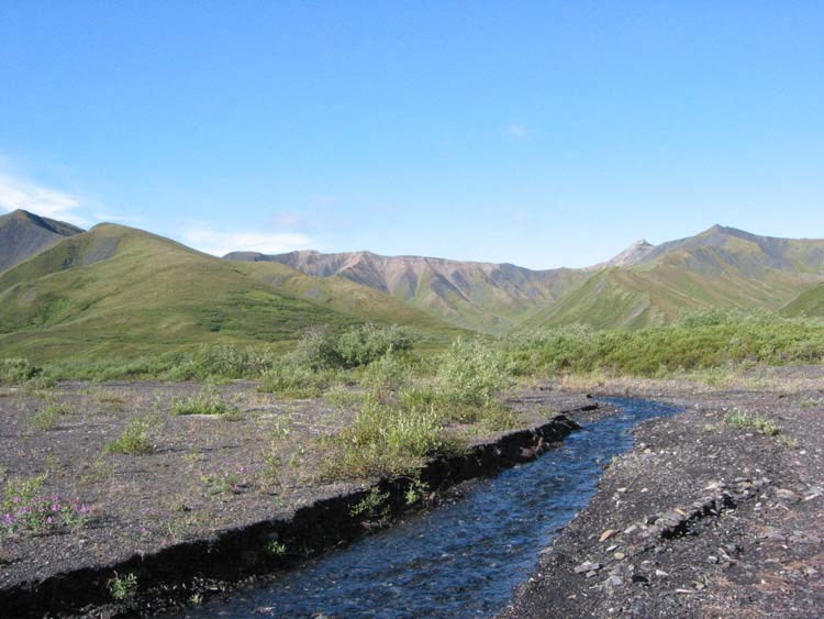 a shallow river running through a heavily graveled area, mountains in the distance