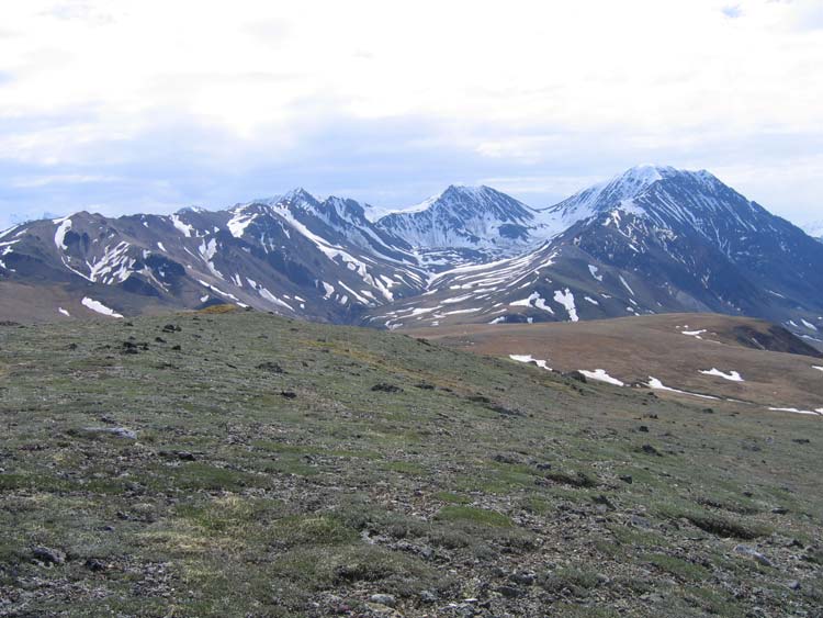 a tree-less hill top in front of tall, snow-dotted mountains under a cloudy sky