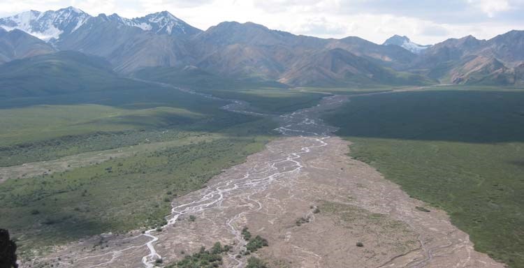 view overlooking a wide gravel bar around a narrow river, cutting through a green plain and up toward tall mountains