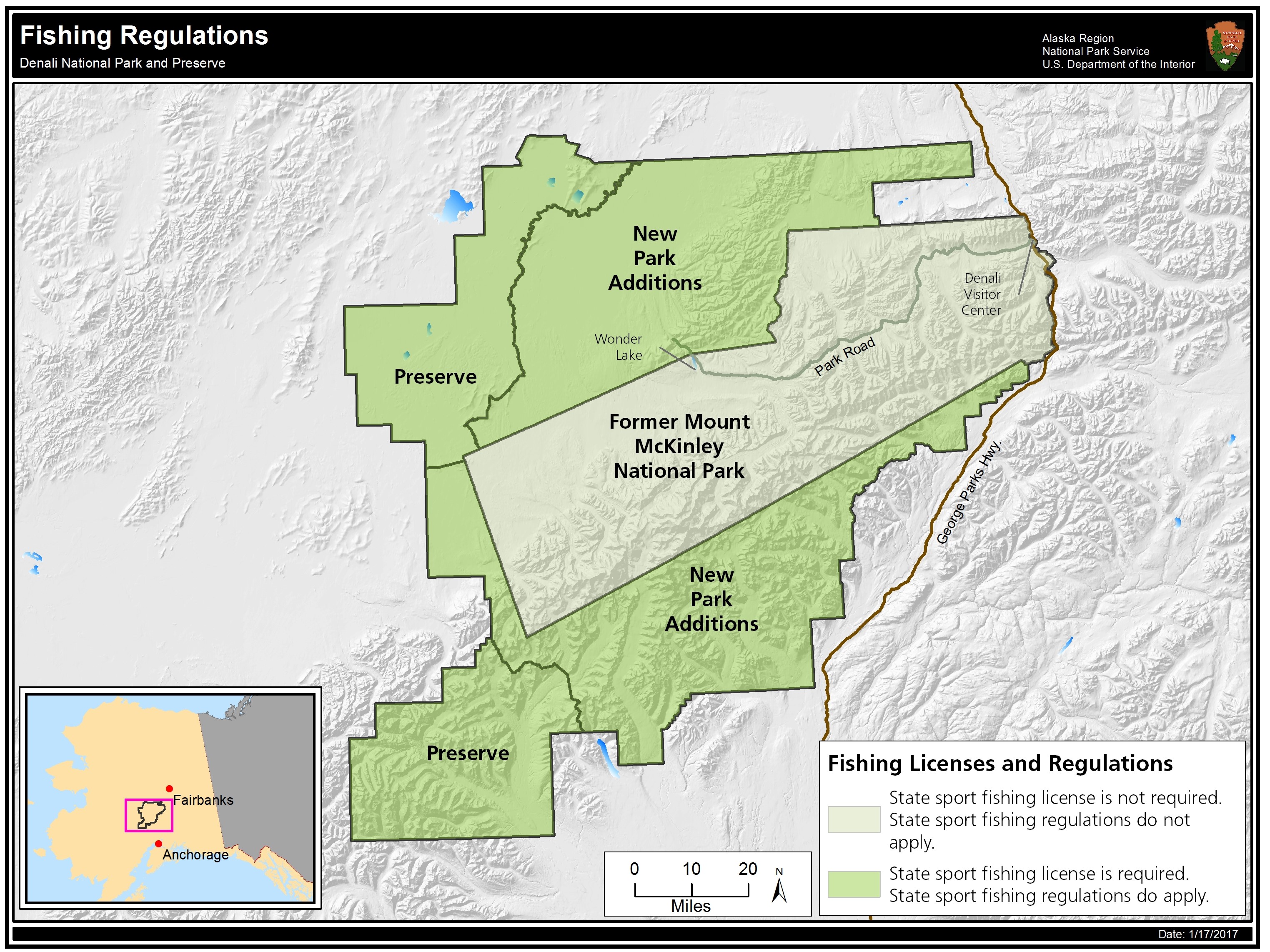 A map showing which areas are part of the former Mount McKinley National Park and do not require a state sport fishing license, and which areas are the new park additions or preserve and do require a state sport fishing license.