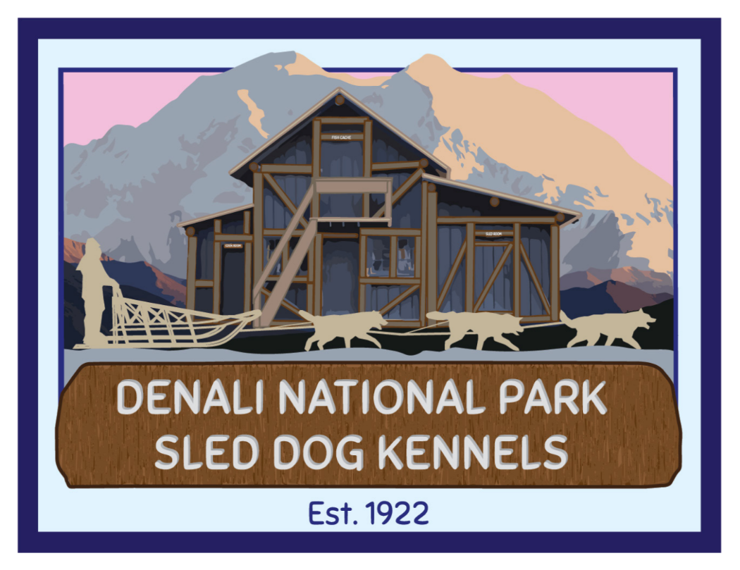 Graphic of a musher standing on a sled being pulled by three dogs past a wooden building, in front of Denali (the mountain). Text below reads "Denali National Park Sled Dog Kennels Est. 1922".