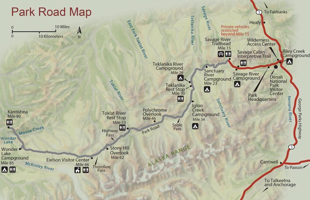 a map showing the predominantly east-west Denali Park Road and various landmarks along it