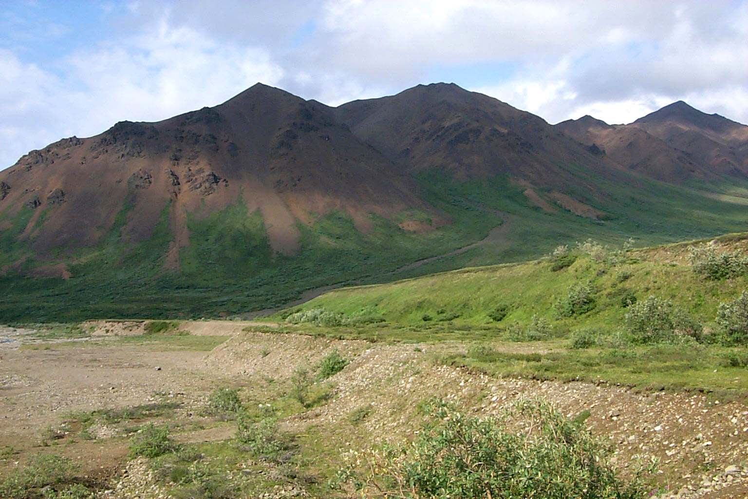 a tree-less plain leading up to a brown mountain