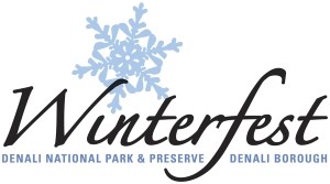 a stylized blue logo of a snowflake and the words "winterfest—denali national park, denali borough"