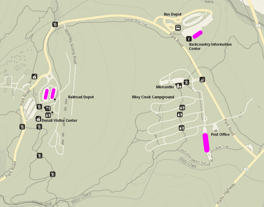 map of entrance to denali with parking areas highlighted by riley creek, backcountry center, and visitor center