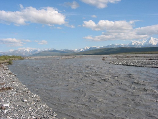 a wide, dark gray river, snow-capped mountains in the distance