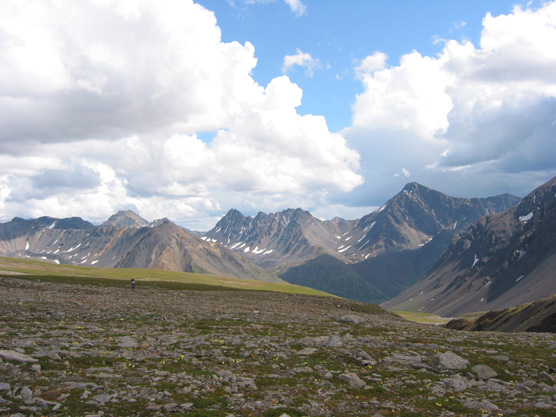 a vast, rock filled plain, distant mountains and puffy white clouds