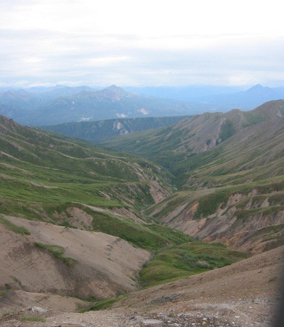 a narrow creek cuts a deep drainage through a valley, green and brown colored hillsides rising on either side