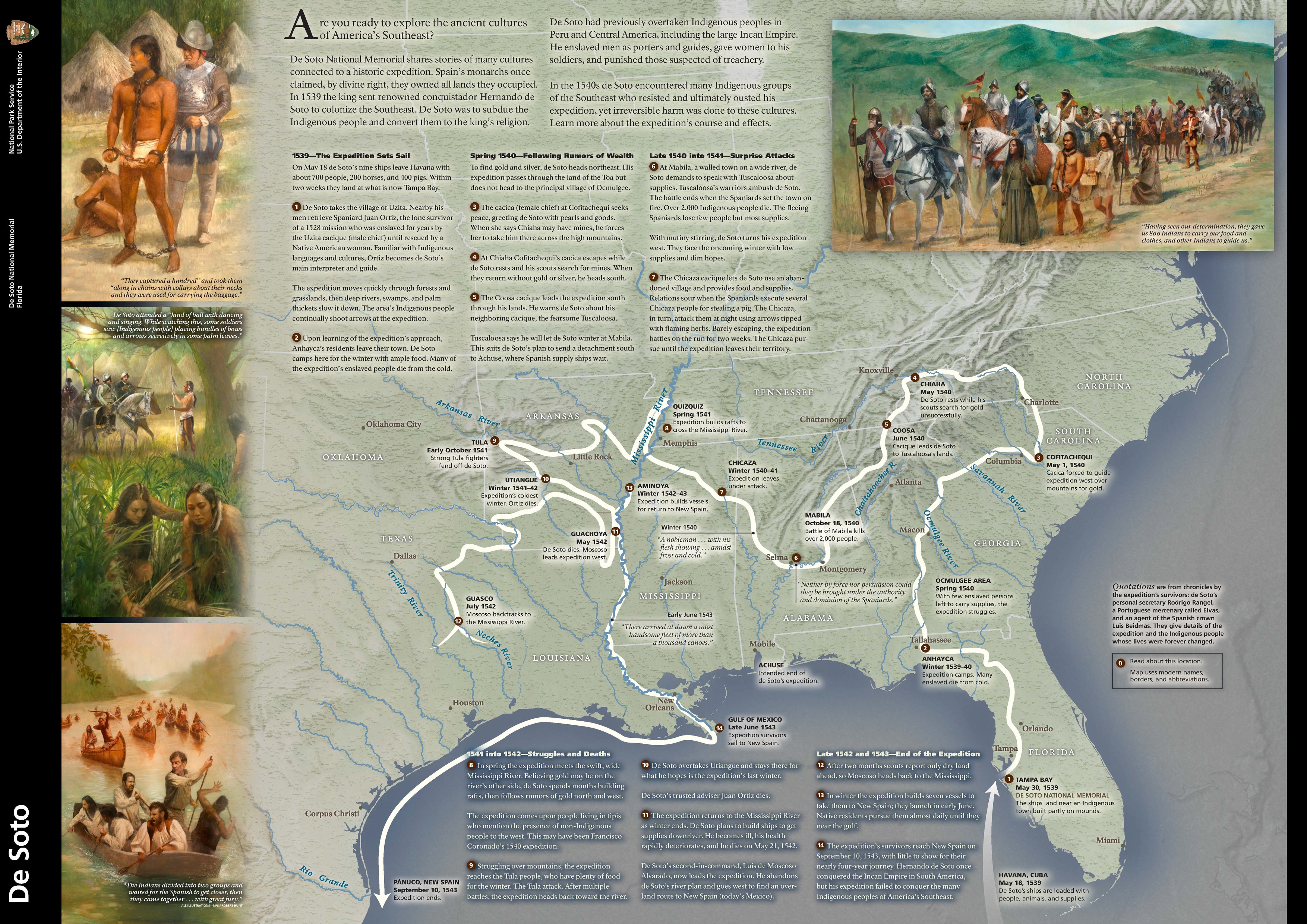 De Soto National Brochure. Image shows art depicting scenes from the De Sot expedition