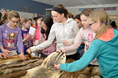 Elementary students feeling animal pelts Elementary students feeling animal pelts