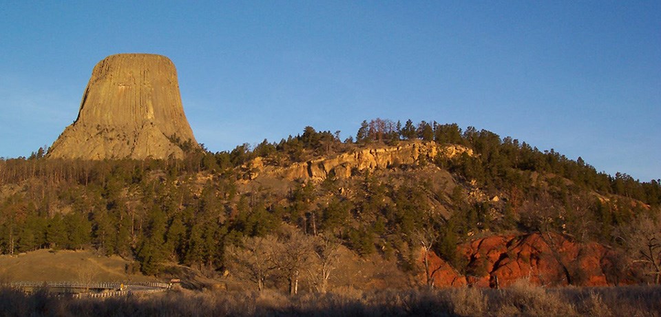 A hillside covered in trees with exposed rock layers and a giant monolith on top.