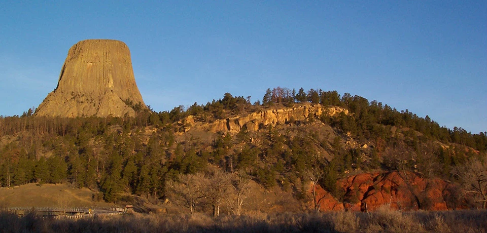 Tower - East Face A hillside covered in trees with exposed rock layers and a giant monolith on top.