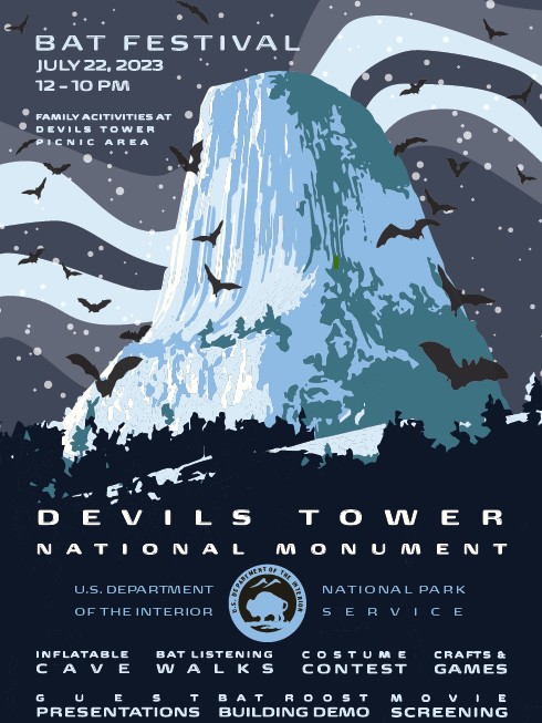 Bat Fest Poster Detailed info Bat Fest graphic with milky way and night sky in background of devils tower with all the same info on this webpage
