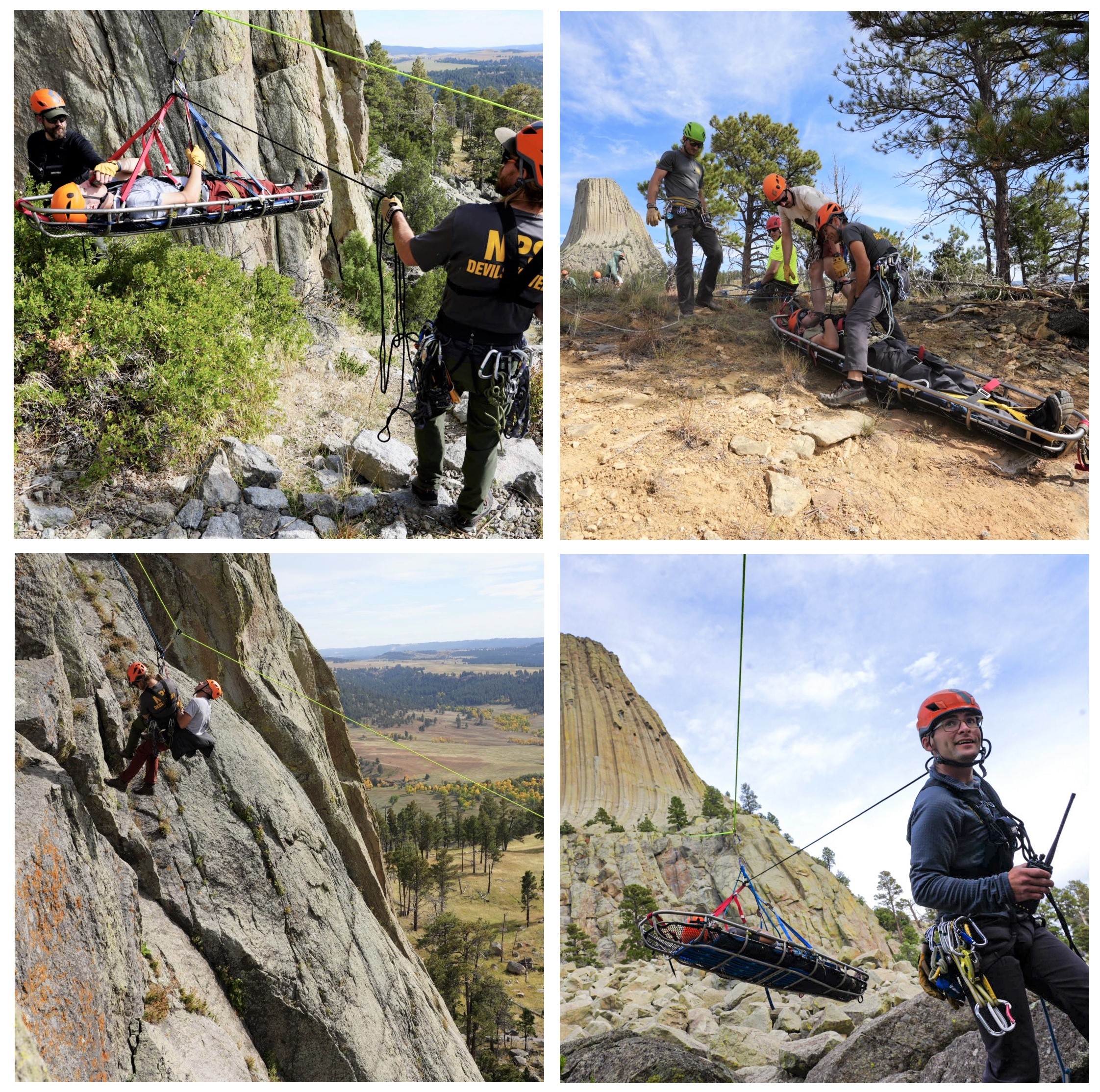 4 photos rescue personnel lowering patients in a backboard down devils tower in various ways on a sunny day