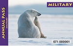 A park pass with a polar bear and cub sitting on ice