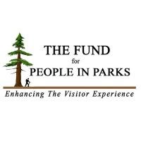 White background, black text reads "The Fund for People in Parks" next to a sequoia tree, text underneath reads "enhancing the visitor experience".
