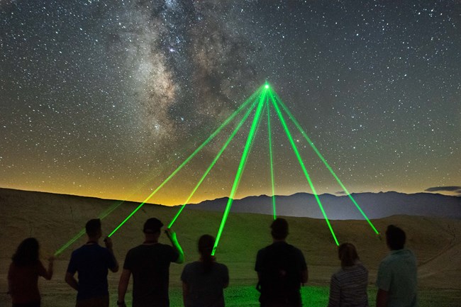 The silhouettes of seven people from behind, pointing green lasers at a converging place in a starry night sky. Some hills and mountains are visible in the distance.