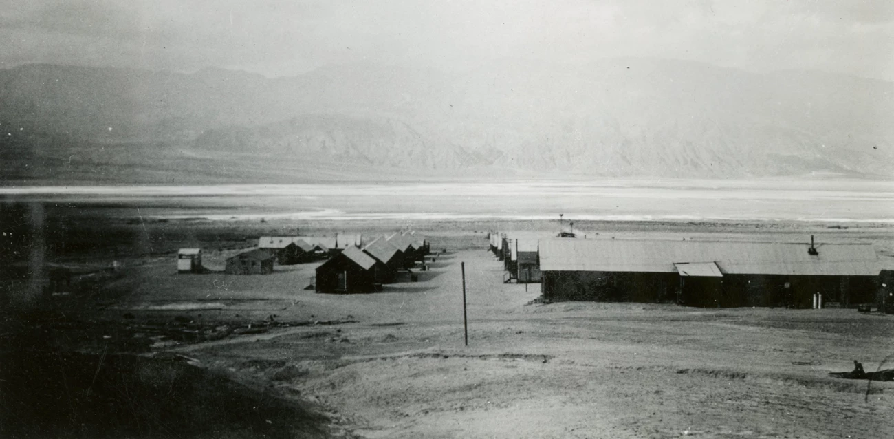 Cow Creek CCC camp looking west toward the Panamint Mountains and Blackwater Wash. Cow Creek CCC camp looking west toward the Panamint Mountains and Blackwater Wash.