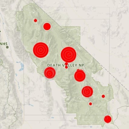 Map of Death Valley with red circles of various sizes overlaid. The largest circles cover the Stovepipe Wells area and the Racetrack Playa area.