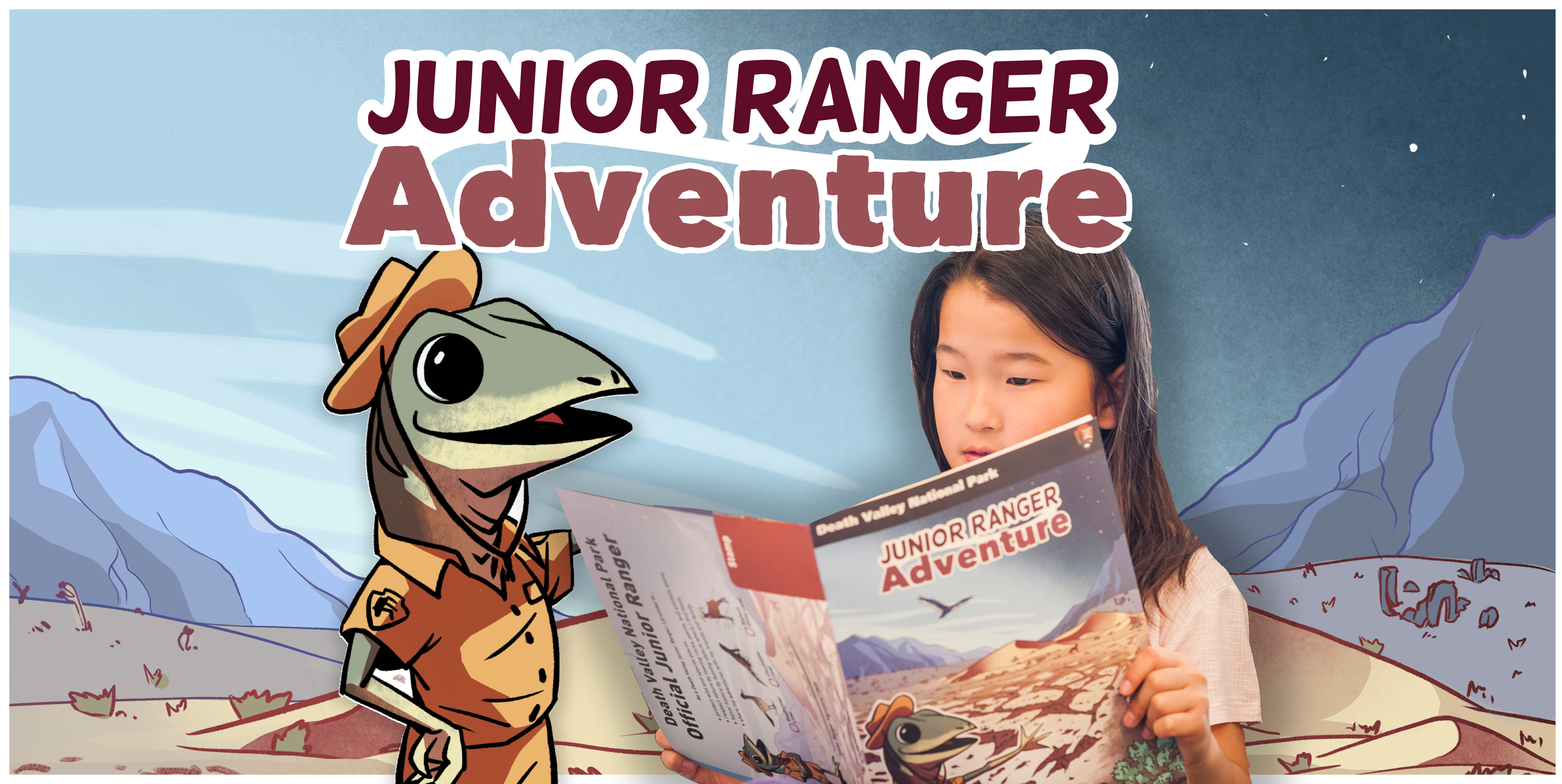 A cartoon lizard and a photo of a young child looking at a Junior Ranger book