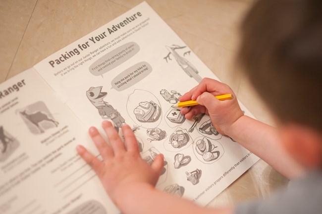 A kid holding a pencil circles cartoon drawings on a page in the Junior Ranger book.
