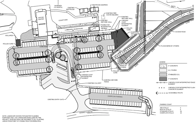 A black and white drawing showing parking spaces, driving lanes, landscape plantings, buildings, and a flood-control berm.