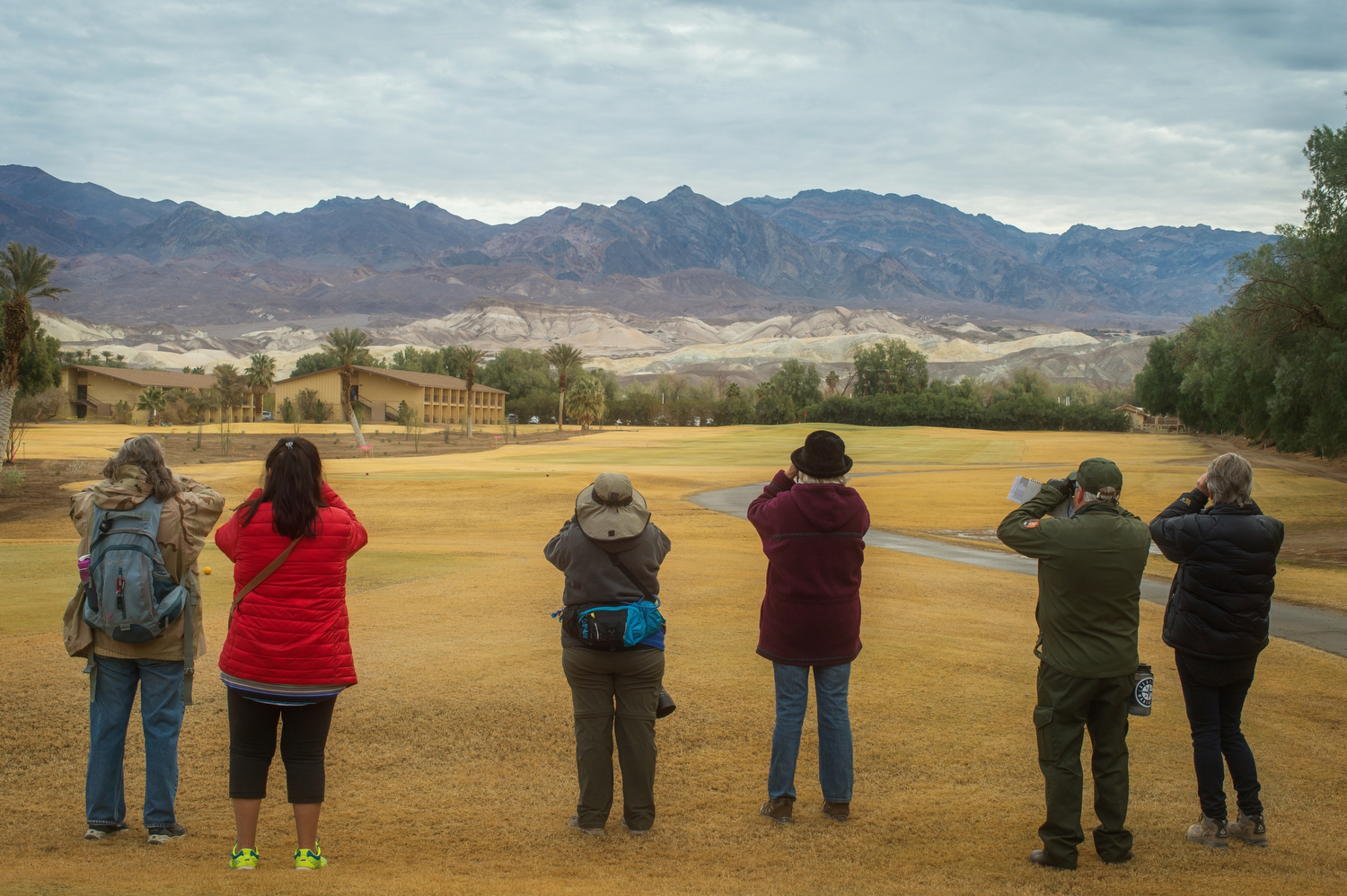 A group of five adults from the back, standing and looking out in the distance for birds.