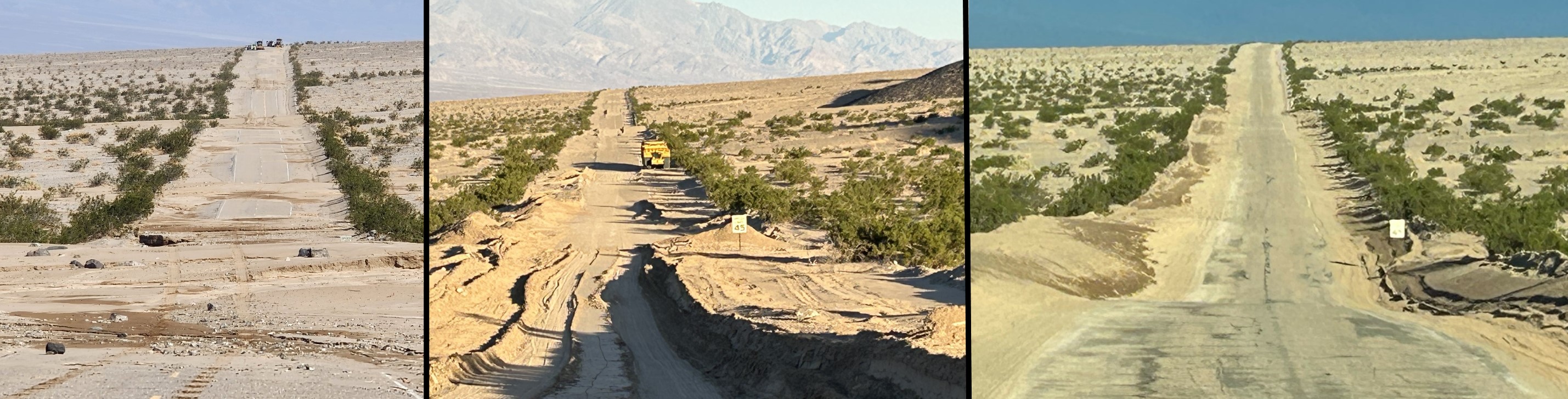 Three photos of the same view of Badwater Road . Photo on left shows just the top of a speed limit sign sticking out of gravel. The middle photo shows one lane plowed through gravel. The photo on right shows the road fully cleared.