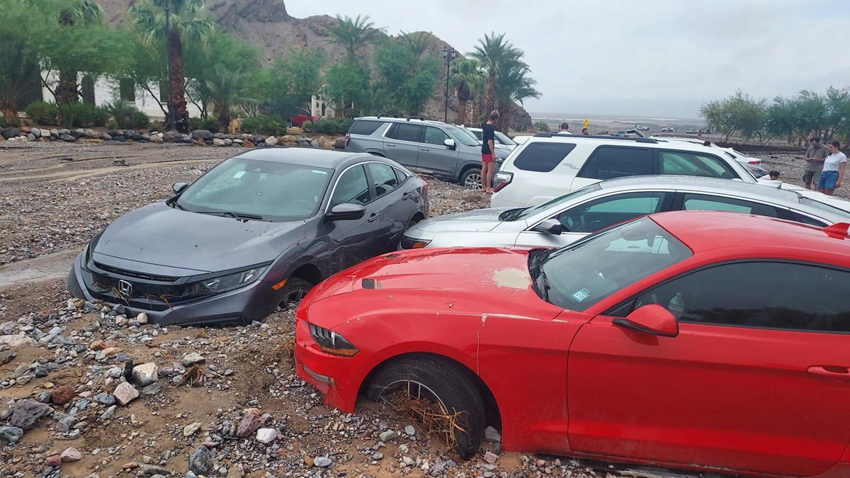 Variety of cars bunched together sitting in several inches of debris from flooding.