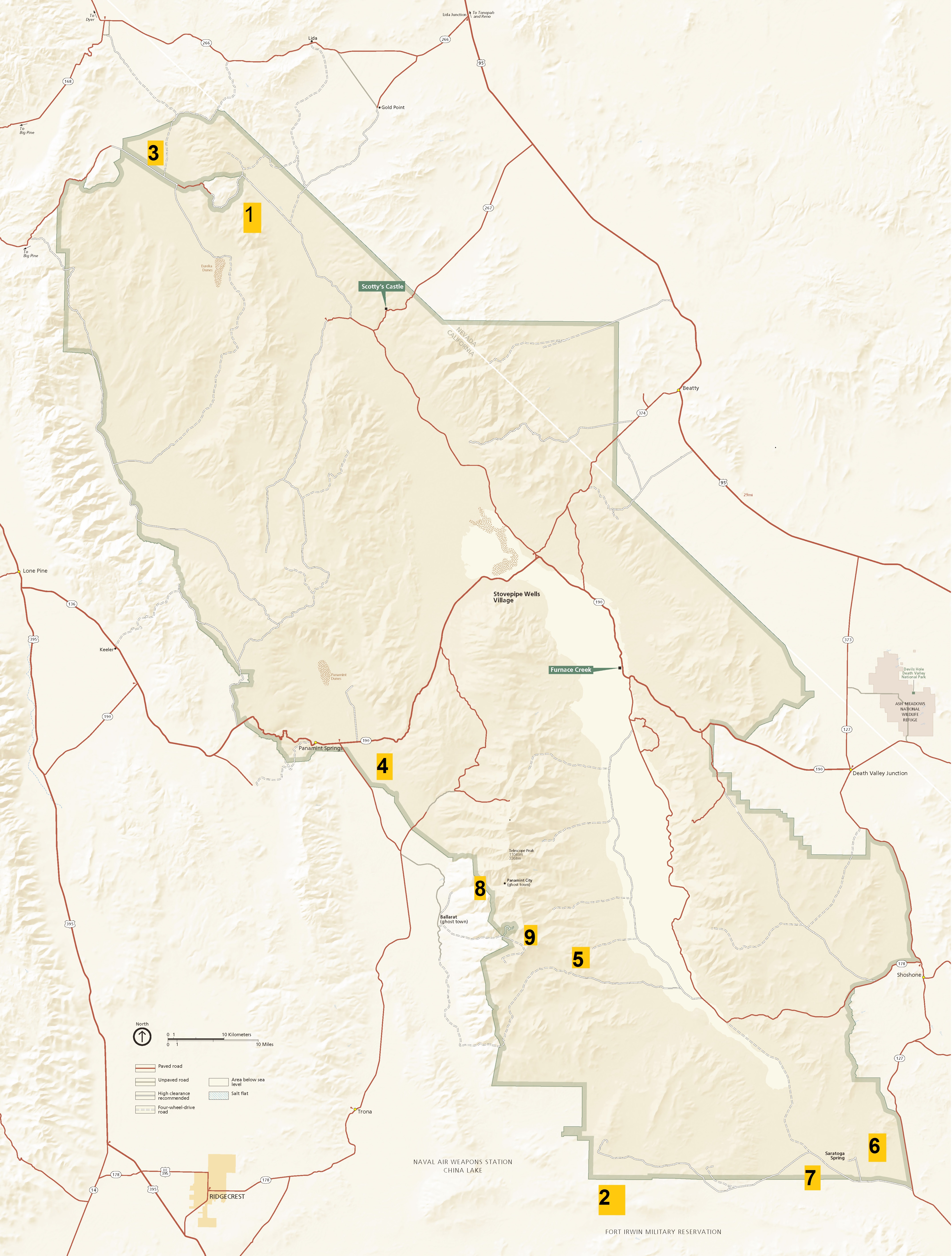Map of Death Valley National Park that shows the approximate areas with changes.