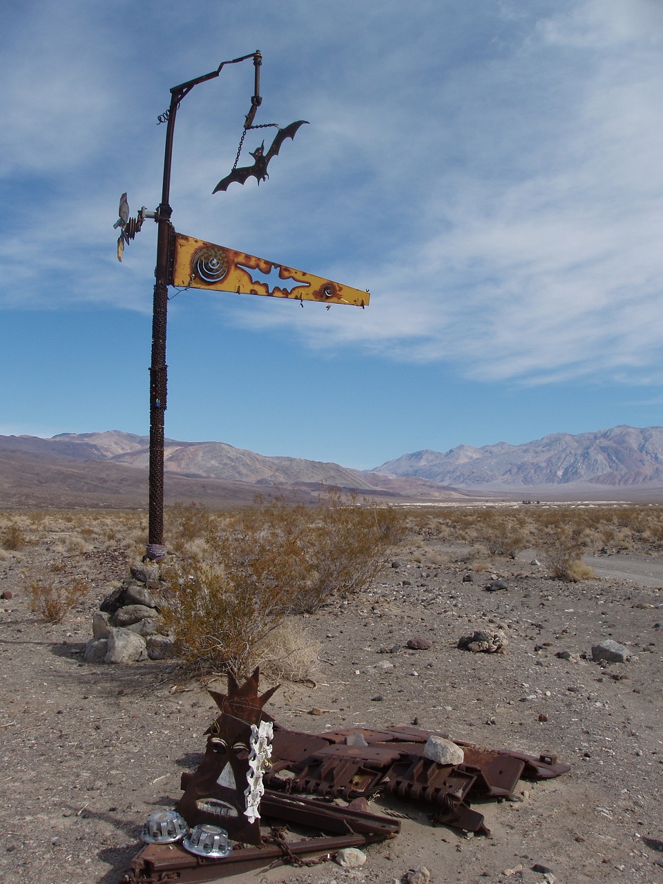 The Bat Pole is a welded metal sign that marks the road to Saline Valley Warm Springs.