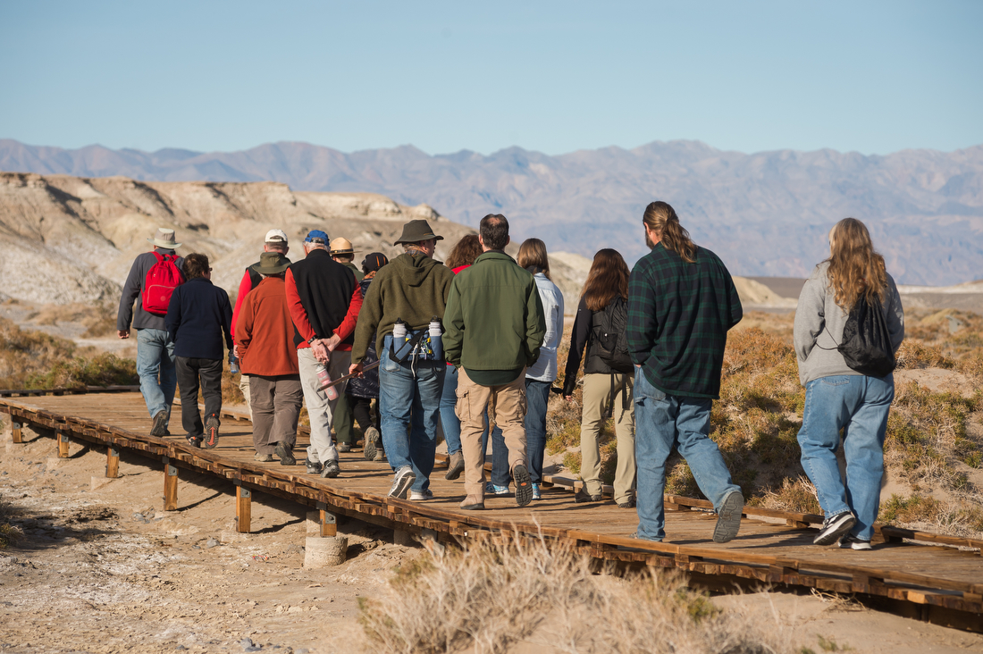 A group of adults walk along a wooden boardwalk through a desert landscape with shrubby bushes.