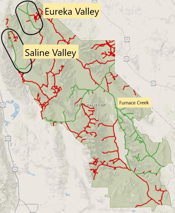 Map of Death Valley National Park showing open roads in green and closed roads in red. Ovals incidate the new areas opened at Saline Valley and Eureka Valley in northwest corner of the park.