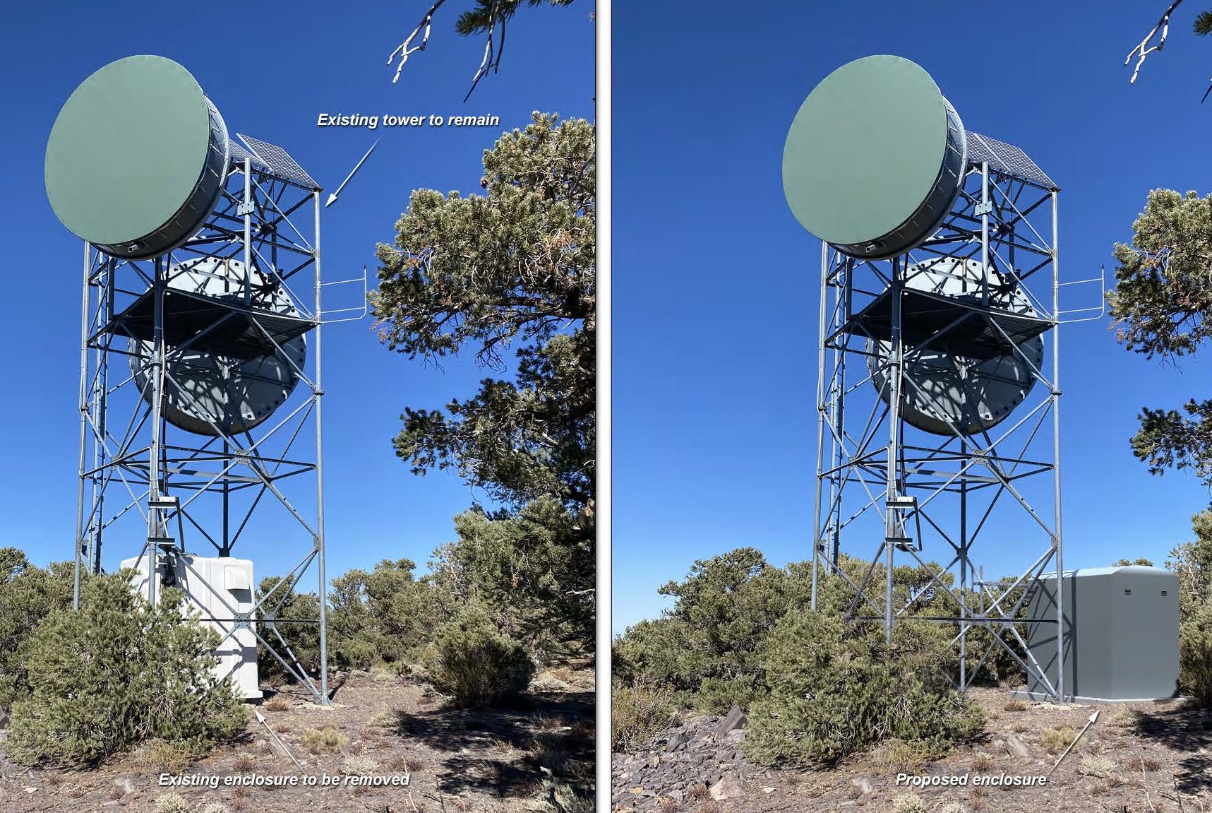 The photograph on the left shows the existing 35-foot-tall tower. The simulation on the right shows the proposed new battery and equipment shed to the right of the existing tower.
