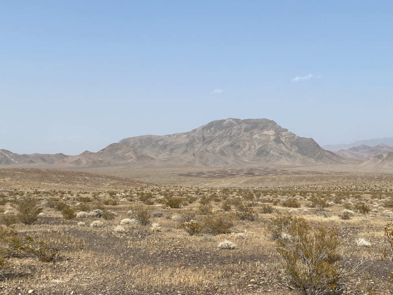 A rocky peaks looms over a low valley with shrubs in the foreground.