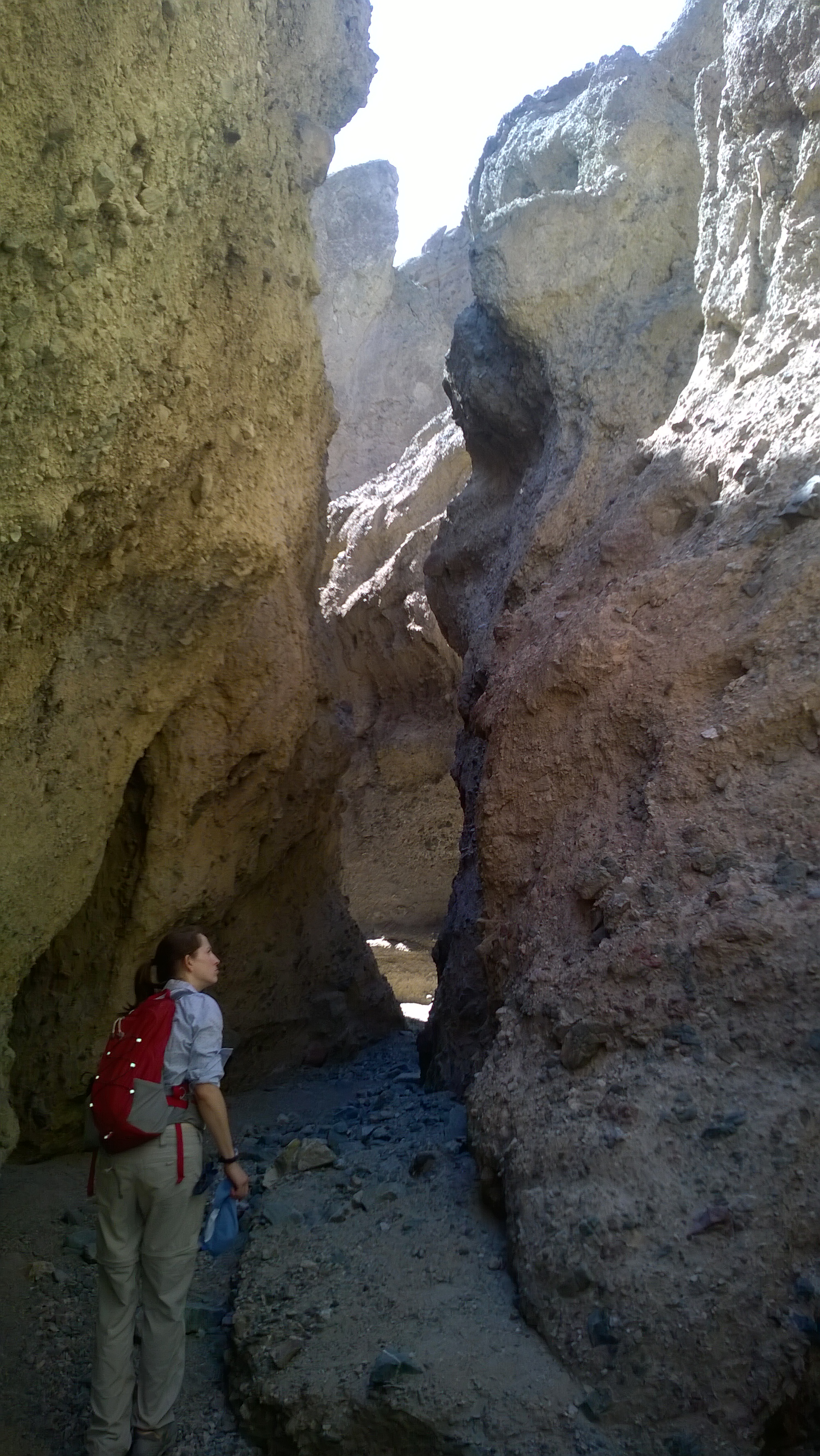 A woman wearing a red backpack stands in a narrow, dark canyon.