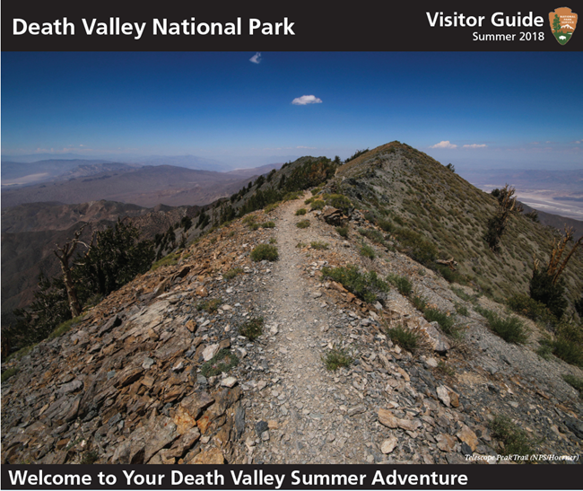 A picture of a newspaper with Death Valley Visitor Guide on the top, a middle photo of a rocky ridge line trail overlooking the desert and below the writing, "Welcome to your Death Valley Summer Adventure." A picture of a newspaper with Death Valley Visitor Guide on the top, a middle photo of a rocky ridge line trail overlooking the desert and below the writing, "Welcome to your Death Valley Summer Adventure."